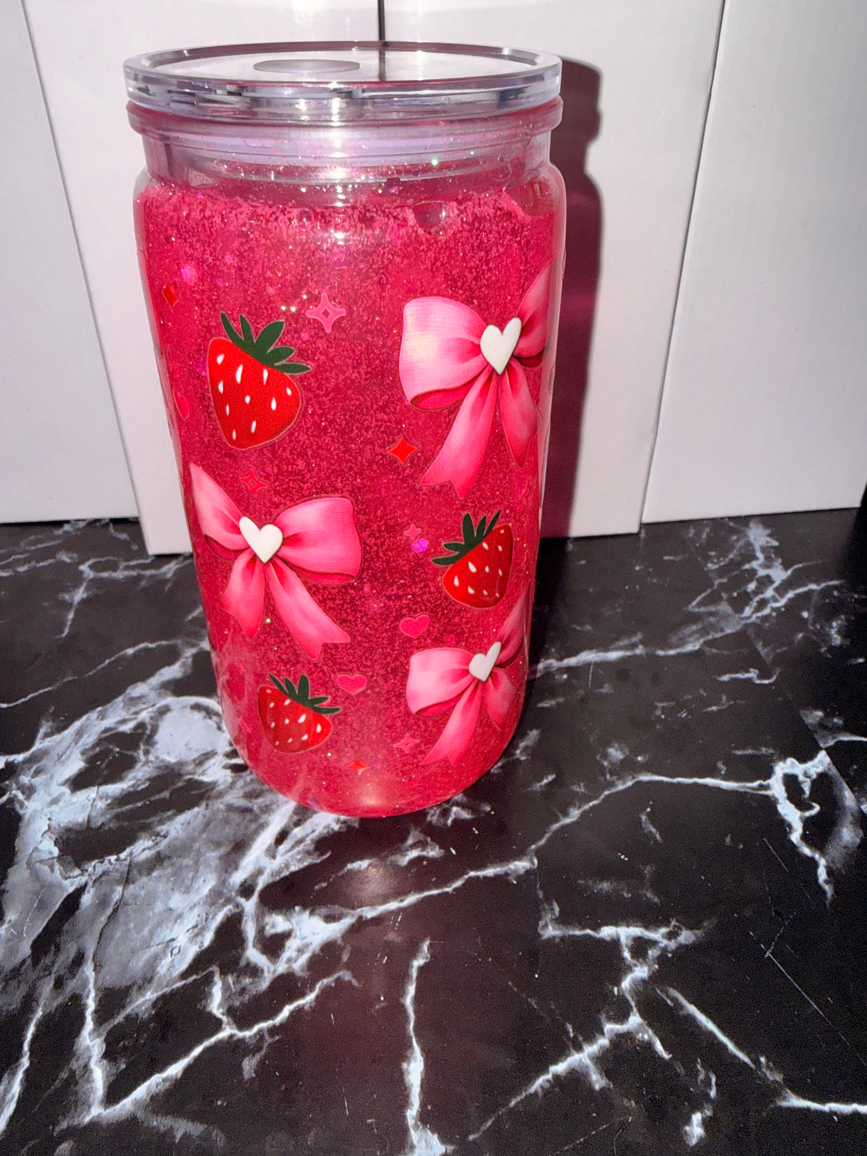 💖🍓 Hot Pink Strawberry and Bows Glitter Tumbler
