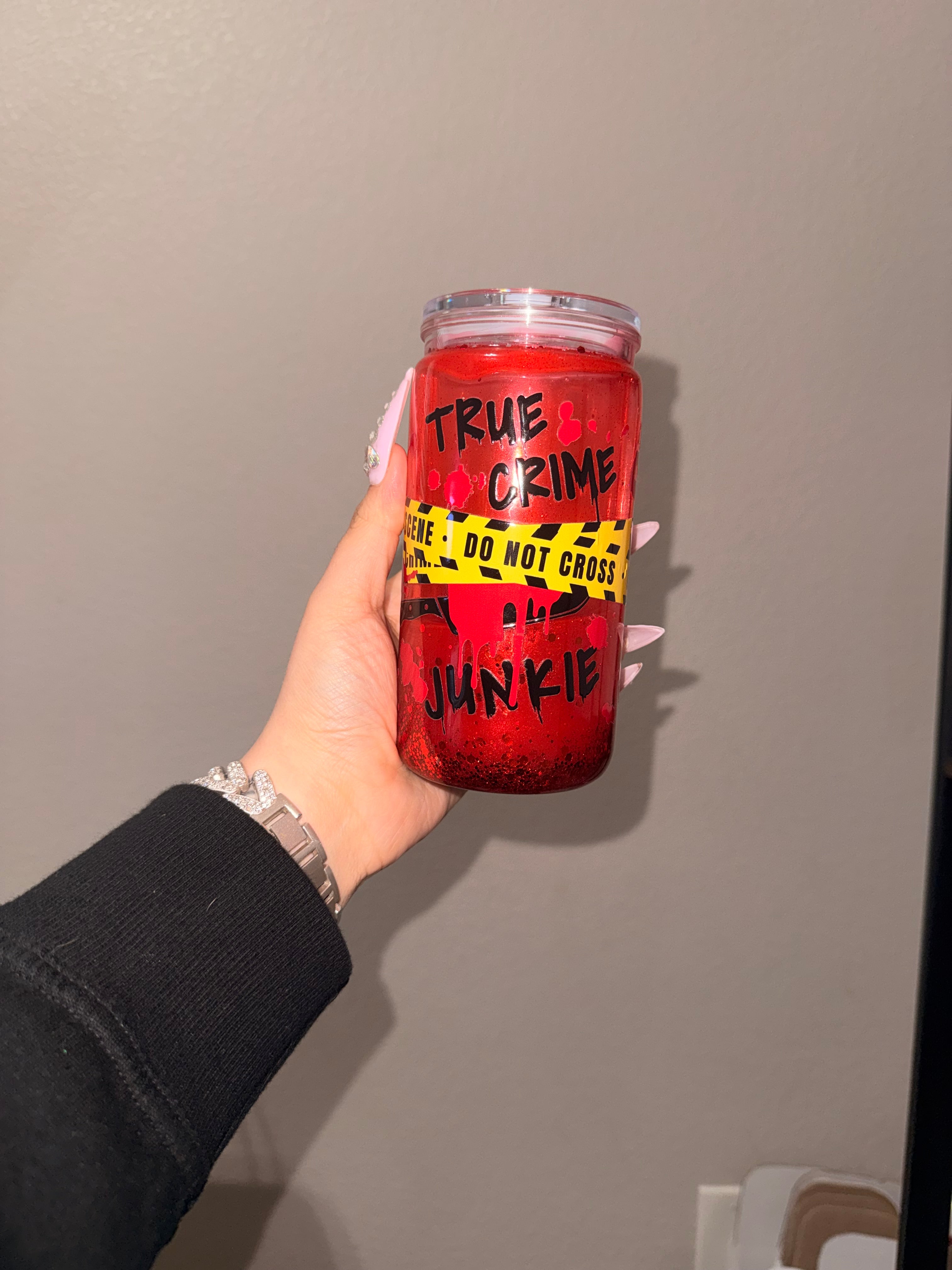 🔪❤️ True Crime Junkie Red Glitter Drip Tumbler ❤️🔪